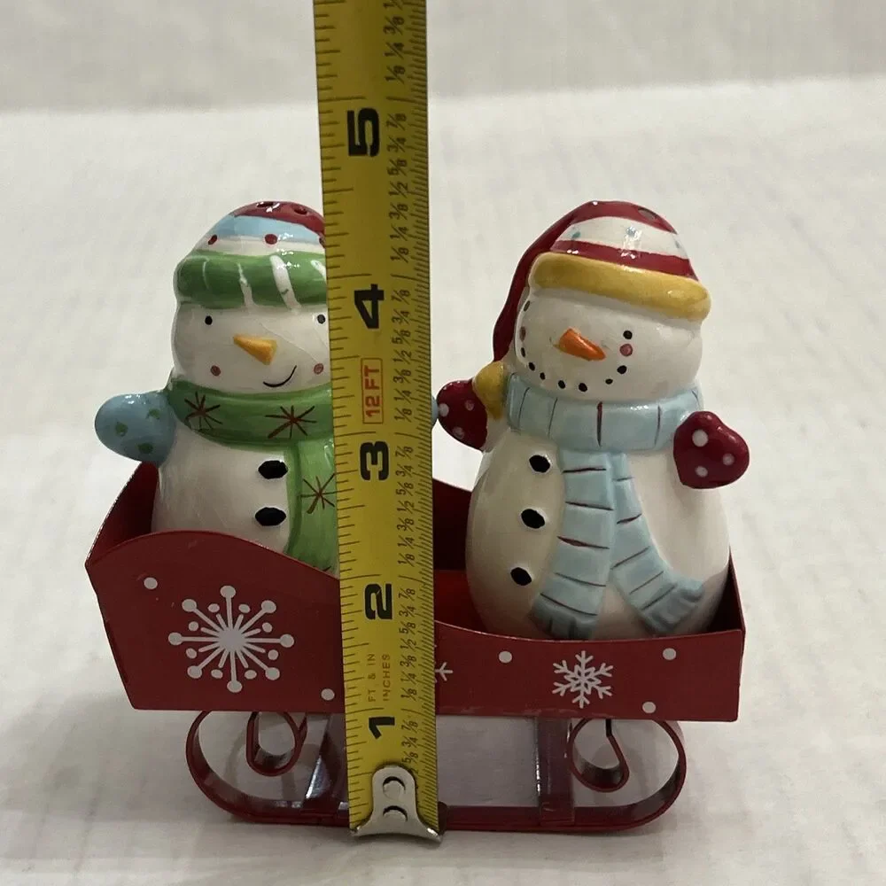 Pier 1 Salt & Pepper Shakers Ceramic Snowmen Metal Sled Sleigh Christmas Winter